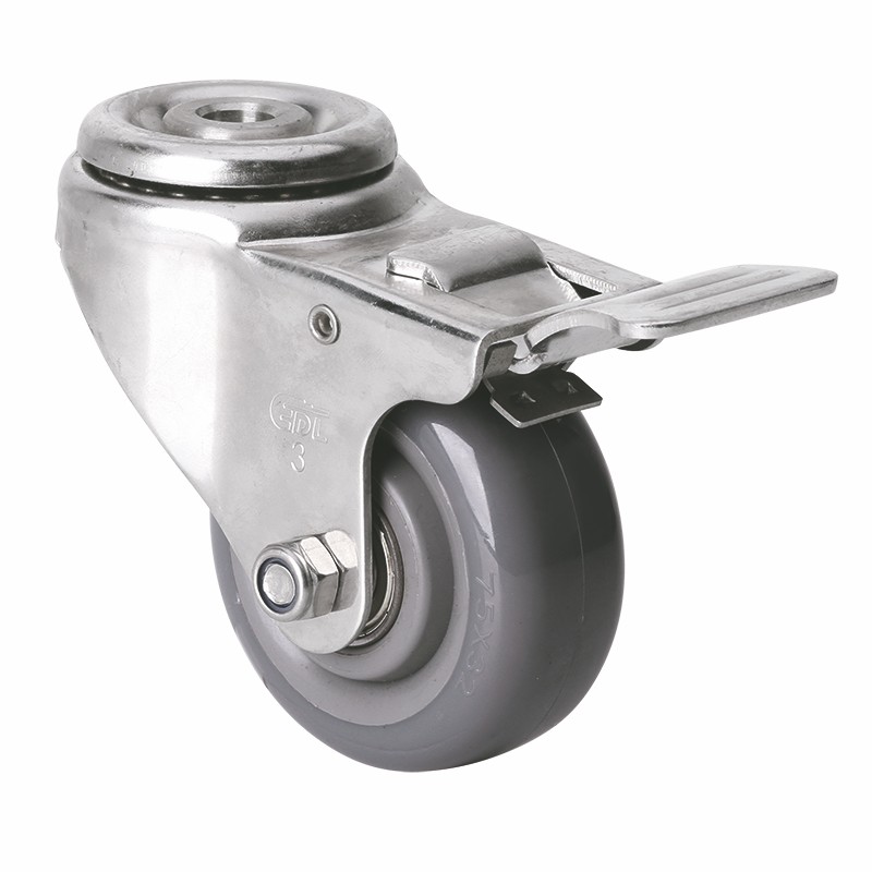 EDL Stainless Steel Medium3"150kg Bolt Hole Brake PU Caster S54783L-S543-76