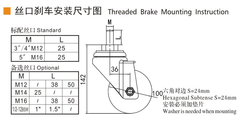 EDL Medium 4'' 110Kg Threaded Side Wheel Brake Ethylene Rubber Caster 50144C-504-37/C